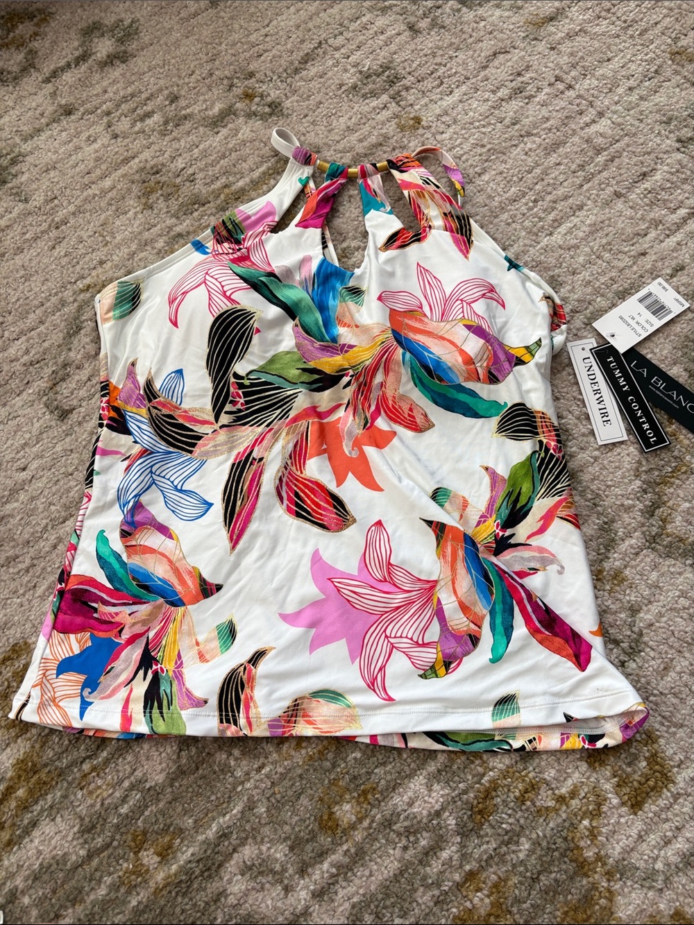 La Blanca White Floral Halter tankini with Multicolor Tropical Print